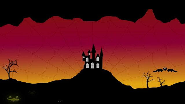 Halloween Motion Graphic Haunted House, Flying Bats, spider web, Pumpkins and Trees