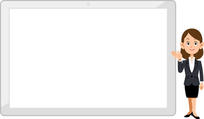 横置きの白いタブレットPCの右側で案内するビジネスウーマン
