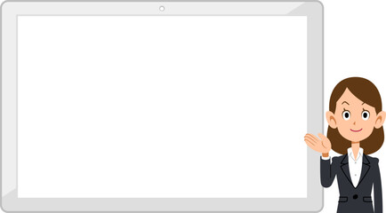 横置きの白いタブレットPCの右側で案内するビジネスウーマン
