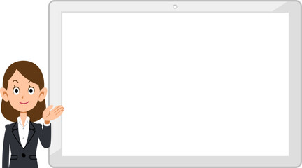 横置きの白いタブレットPCの左側で案内するビジネスウーマン
