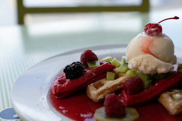 colorful waffle with ice cream