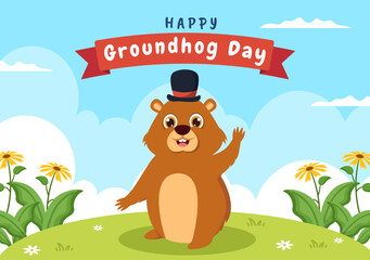 Obraz na płótnie Canvas Happy Groundhog Day on February 2 with Cute Marmot Character and Garden Background Template Hand Drawn Cartoon Flat Illustration