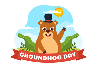 Happy Groundhog Day on February 2 with Cute Marmot Character and Garden Background Template Hand Drawn Cartoon Flat Illustration