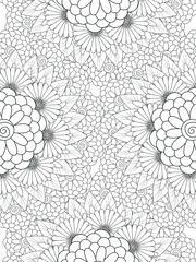 Doodle floral pattern in black and white. A page for coloring book: fascinating and relaxing job for children and adults. Zentangle drawing. Flower carpet in a magic garden