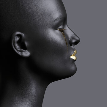 Female figure profile with eyes closed and golden tears, dark background. 3D illustration.