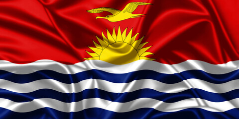 Kiribati waving national flag close up silk texture satin illustration background.