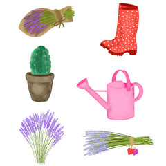 Provence style set, lavender, garden, rubber boots, watering can