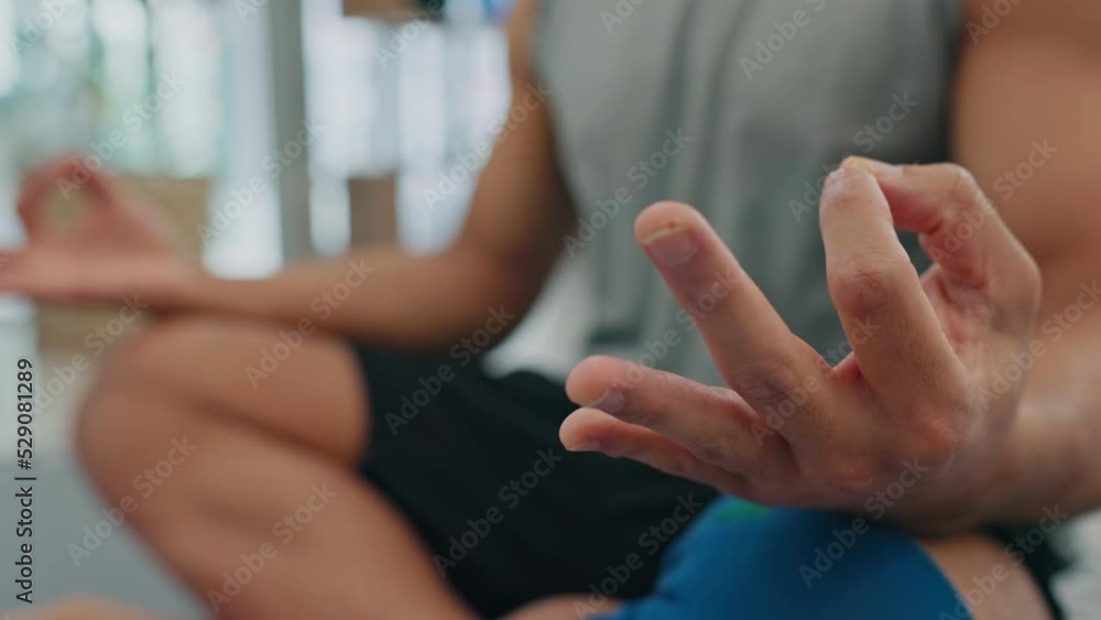 Poster Meditation, yoga and wellness man in lotus position on the floor in meditating training or practice at home. Calm and zen fitness guy in living room for healthy, spiritual and mindfulness lifestyle