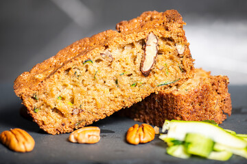 Home-made fresh baked zucchini quick bread with pecans.