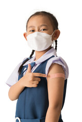 Asian student little girl showing pointing with finger to bandage on her arm shoulder wearing...
