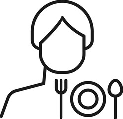 Hobby, business, profession of man. Modern vector outline symbol in flat style with black thin line. Monochrome icon of spoon, fork and plate by anonymous male
