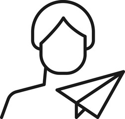 Hobby, business, profession of man. Modern vector outline symbol in flat style with black thin line. Monochrome icon of paper airplane by anonymous male