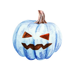 Blue pumpkin with a scary face, watercolor illustration