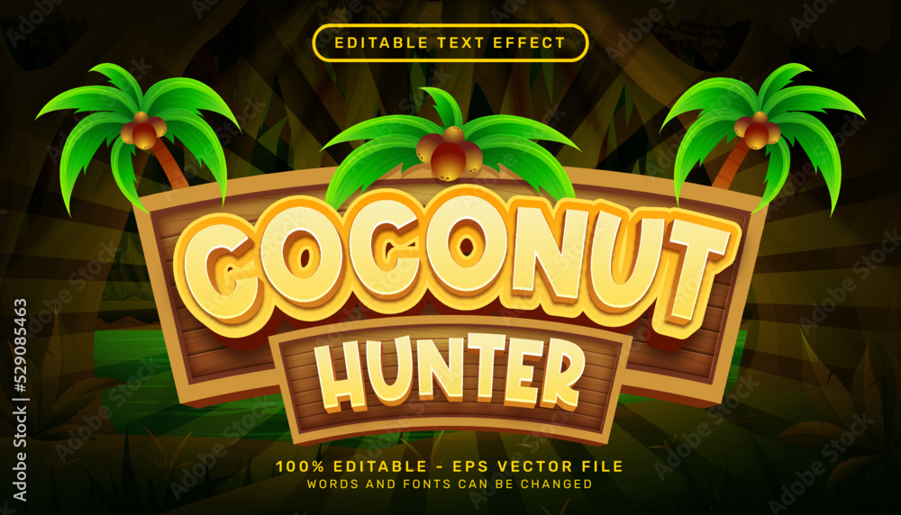 Poster coconut hunter 3d text effect and editable text effect with coconut tree