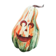 Cheerful pumpkin with eyes and smile, watercolor illustration