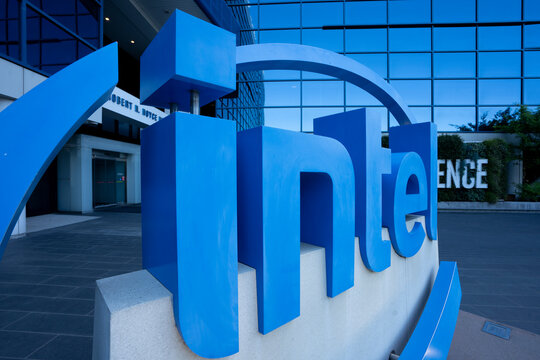 Santa Clara, CA, USA - Apr 30, 2022: Closeup of the Intel logo in front of the Robert Noyce Building that houses the Intel Museum at Intel Corporation's headquarters in Santa Clara, California.