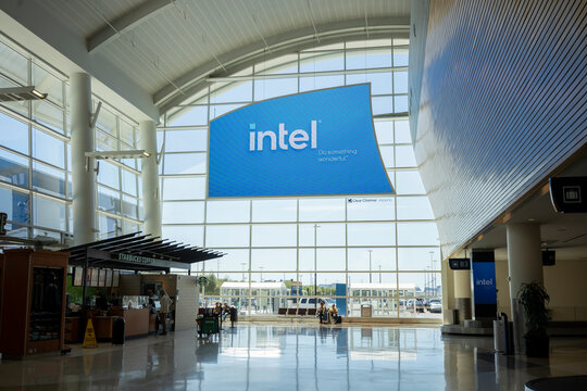 San Jose, CA, USA - May 6, 2022: Intel advertising is seen on a digital screen at the San Jose International Airport. Intel is best known for developing the microprocessors in personal computers.