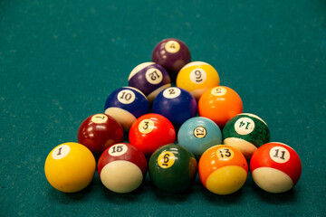 Pool balls racked for a break on the pool table