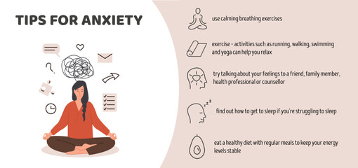 Stressed depressed woman with anxiety disorder. Useful tips and advices for anxiety management infographic. Anxious person suffering with mental problem. Vector illustration flat design. - obrazy, fototapety, plakaty