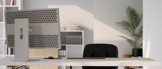 Modern office room workspace interior design with office chair, pc computer and copy space