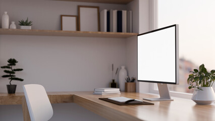 Comfortable home office workspace interior with computer mockup, wood built-in shelves