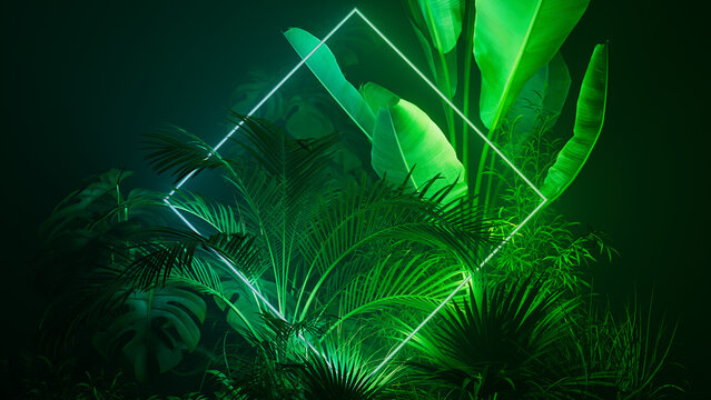 Obraz Tropical Plants Illuminated with Green and Blue Fluorescent Light. Rainforest Environment with Diamond shaped Neon Frame.
