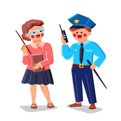 kid profession vector. child boy police, girl teacher career, future job, little worker, childhood kid profession character. people flat cartoon illustration