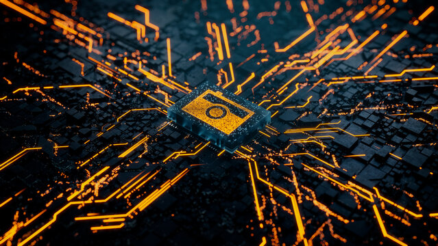 Photo Technology Concept with camera symbol on a Microchip. Data flows from the CPU across a Futuristic Motherboard. 3D render.