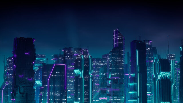 Cyberpunk Cityscape with Purple and Cyan Neon lights. Night scene with Advanced Superstructures.
