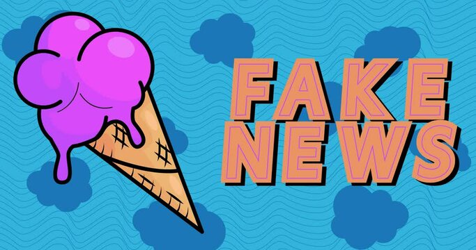 Ice Cream with Fake News text. Colorful animated dancing summer sweet food cartoon. 4k resolution animation, moving image.