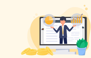 Business ideas. The man explain about stock, investment and increasing income on online computer. Concept of strategy, tactics and success. Vector illustration Eps10.