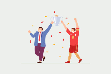 Football player and manager lifting trophy flat illustration