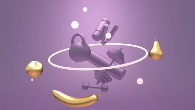 Gym training , home exercising and fitness equipment. Dumbbells, bob, yoga mat and bottle. Tools for healthy lifestyle and fruits. Levitation of a group of objects. Apple, banana and pear. 3D render