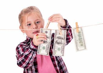 Girl with money. Girl hangs on the money on the rope on a white background