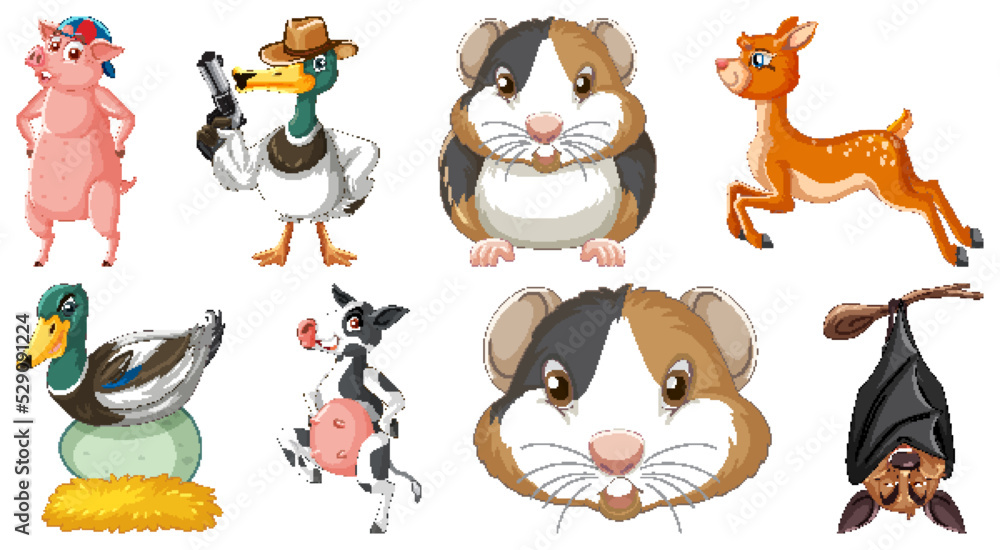 Wall mural set of various animals cartoon characters