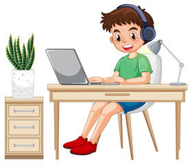 A boy browsing internet on laptop