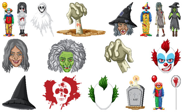 Set of horror halloween objects and cartoon characters