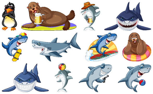 Set of various sea animals cartoon characters