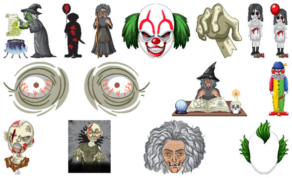 Set of horror halloween objects and cartoon characters