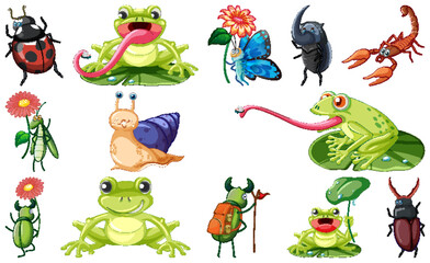 Set of various insects and amphibians cartoon