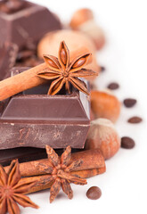chocolate bars with its ingredients isolated on white background