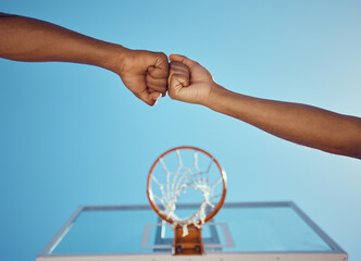 Hands of basketball friends or team fist bump at game training and practice match at basketball...