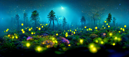 Fototapeta Colorful fantasy glowing plants in forest 3D illustration obraz