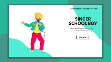 singer school boy vector. man child, happy portrait, music young, education childhood, expression song singer school boy character. people flat cartoon illustration