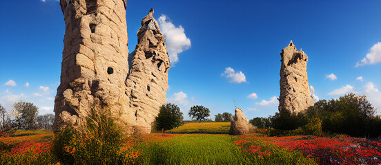 3D illustration. Stone tower surrounded by chasm field blue sky in watercolor painting style 3D rendering