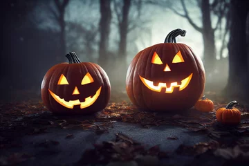 Foto op Plexiglas Jack-o'-lantern smiling, pumpkins sitting in the leaves, Halloween autumn fall night © Mikiehl Design