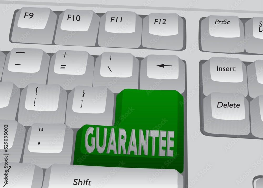Poster computer keyboard with guarantee text. close-up of an electronic computer device part, keypad.