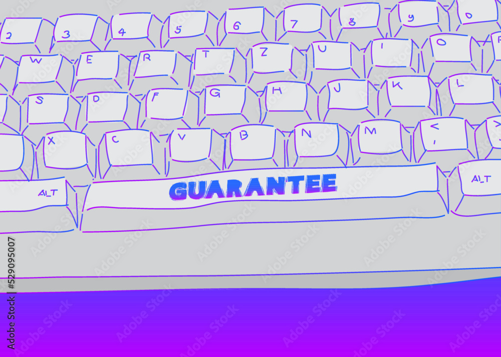 Poster computer keyboard with guarantee text. close-up of an electronic computer device part, keypad.