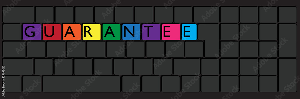 Poster computer keyboard with guarantee text. close-up of an electronic computer device part, keypad.