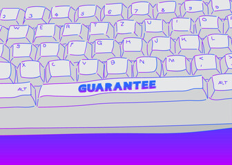 Computer Keyboard with Guarantee text. Close-up of an electronic Computer Device part, keypad.